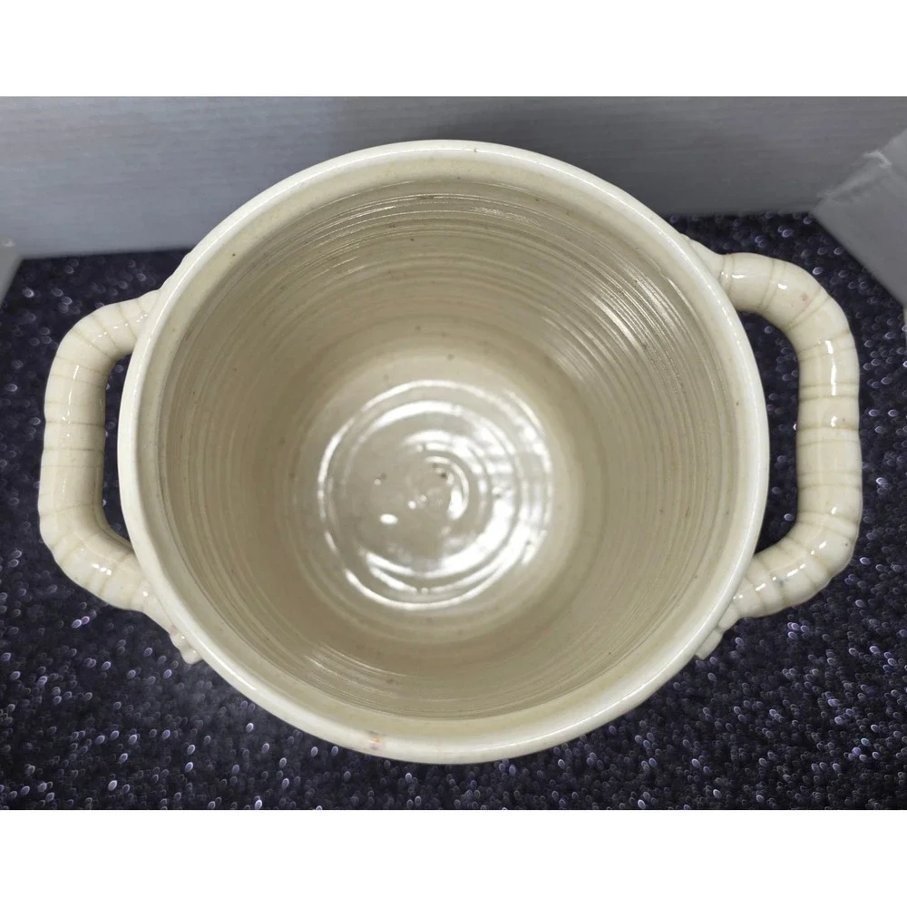 Studio Pottery Striped‎ Stoneware Vase Blue Tan Drip Glaze Lug Handles 7 Inch